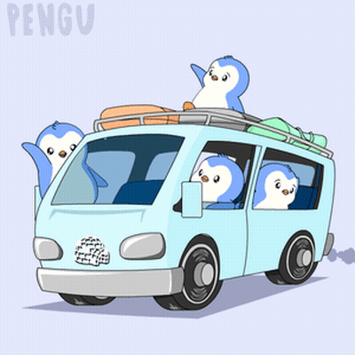 A Cartoon Of Penguins In A Van With The Word Pengu On The Bottom Right GIF
