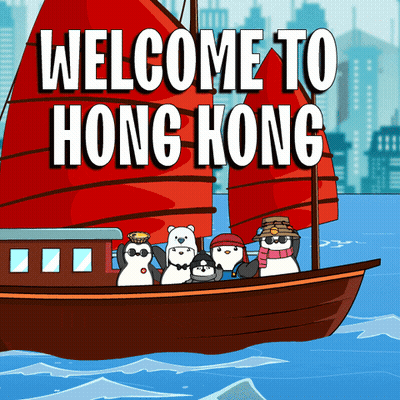 A Cartoon Of Penguins On A Boat With The Words Welcome To Hong Kong Above Them GIF