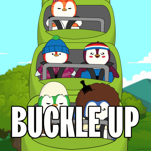 A Cartoon Of Penguins Riding A Bus With The Words Buckle Up Written Below Them GIF