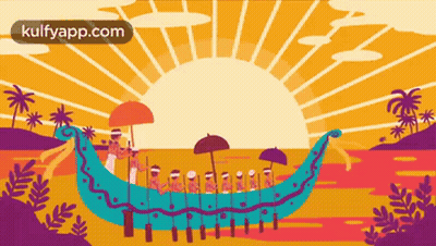 A Cartoon Of People In A Boat With Umbrellas GIF