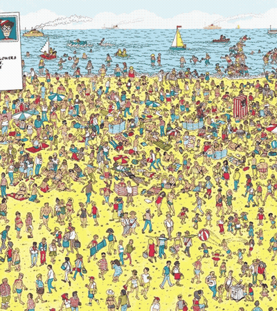 A Cartoon Of People On A Beach With A Sign That Says " Where 'S Walter " GIF