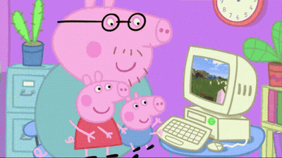 A Cartoon Of Peppa Pig And Her Mother Looking At A Computer Monitor GIF