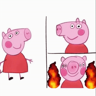 A Cartoon Of Peppa Pig Standing Next To A Picture Of A Pig With Flames Coming Out Of Its Mouth . GIF
