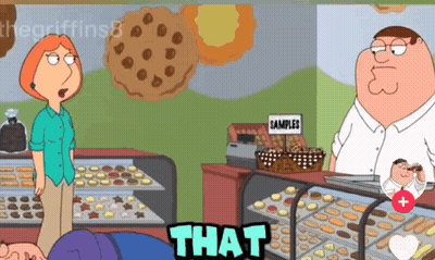 A Cartoon Of Peter Griffin And Lois Griffin In A Bakery With Samples In The Background GIF