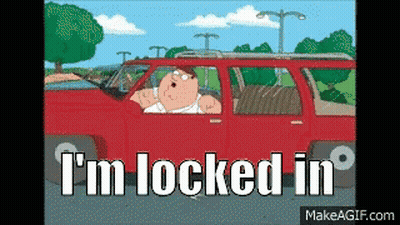 A Cartoon Of Peter Griffin Driving A Red Suv With The Words I 'M Locked In GIF