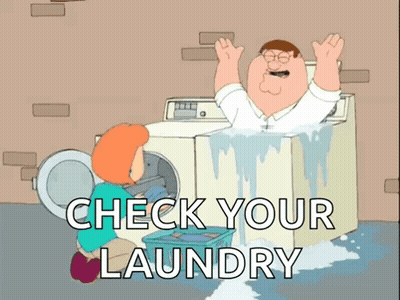 A Cartoon Of Peter Griffin Getting Out Of A Washing Machine With The Words Check Your Laundry Below Him GIF