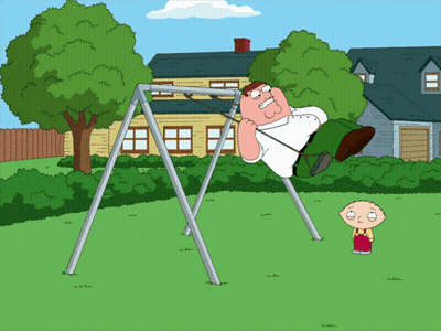 A Cartoon Of Peter Griffin Hanging Upside Down On A Swing Set GIF
