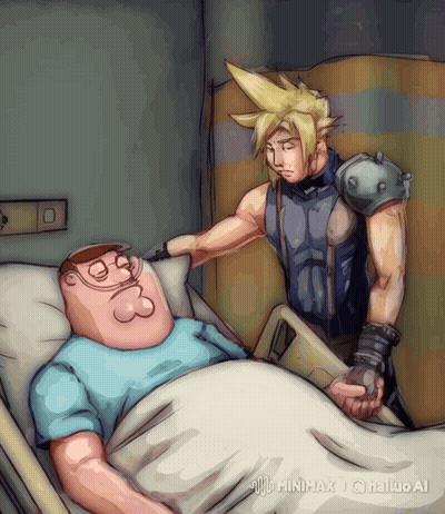A Cartoon Of Peter Griffin In A Hospital Bed With Cloud Strife GIF