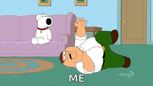A Cartoon Of Peter Griffin Laying On The Floor With The Words " Me " Below Him GIF