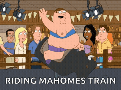 A Cartoon Of Peter Griffin Riding A Bull With The Caption " Riding Mahomes Train " GIF