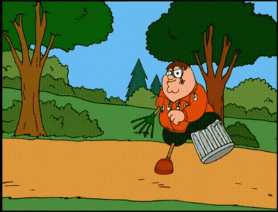 A Cartoon Of Peter Griffin Running With A Trash Can On His Leg GIF