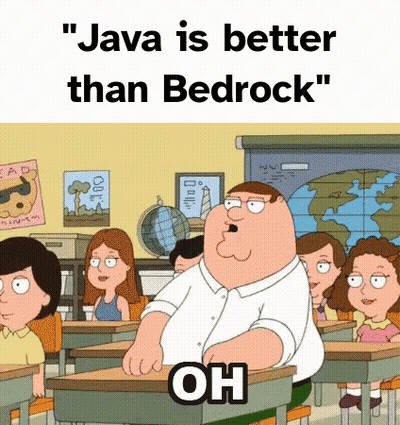 A Cartoon Of Peter Griffin Sitting At A Desk In A Classroom With The Words `` Java Is Better Than Bedrock '' . GIF