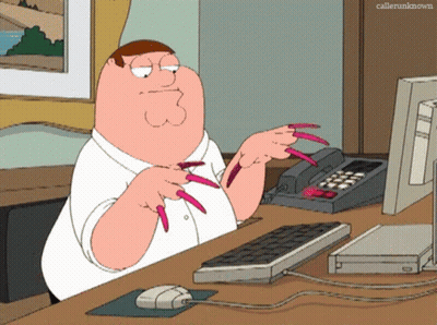 A Cartoon Of Peter Griffin Sitting At A Desk With Long Pink Nails GIF