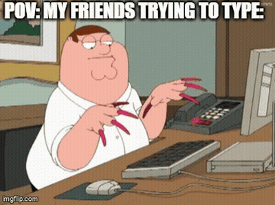 A Cartoon Of Peter Griffin Sitting At A Desk With Long Red Nails GIF