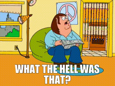 A Cartoon Of Peter Griffin Sitting In A Bean Bag Chair Reading A Newspaper And Asking What The Hell Was That ? GIF