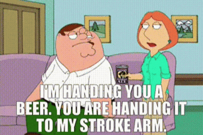 A Cartoon Of Peter Griffin Sitting On A Couch Talking To A Woman Holding A Beer GIF
