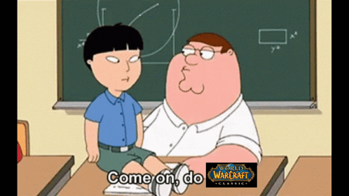 A Cartoon Of Peter Griffin Talking To A Boy With A World Of Warcraft Logo In The Background GIF