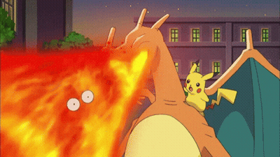 A Cartoon Of Pikachu And A Dragon With Flames Coming Out Of Its Mouth GIF