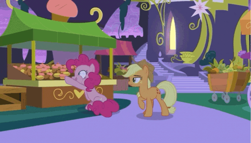 A Cartoon Of Pinkie Pie And Applejack Standing Next To Each Other GIF