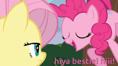 A Cartoon Of Pinkie Pie And Fluttershy With The Words " Hiya Bestie ! Hiii ! " GIF