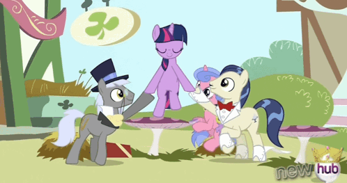 A Cartoon Of Ponies With The Words New Hub On The Bottom Left GIF