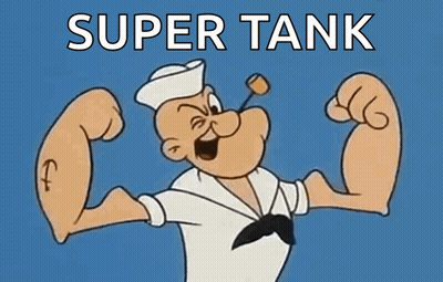 A Cartoon Of Popeye Flexing His Muscles With The Words Super Tank Behind Him GIF