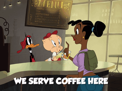 A Cartoon Of Porky Pig Talking To A Woman At A Coffee Shop With The Words We Serve Coffee Here GIF