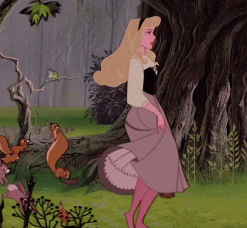 A Cartoon Of Princess Aurora Standing In A Forest GIF