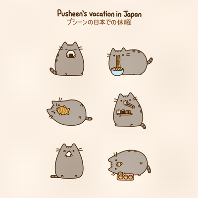 A Cartoon Of Pusheen 'S Vacation In Japan With Various Cats GIF