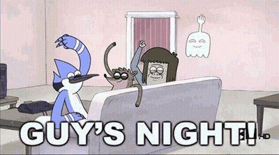 A Cartoon Of Regular Show Characters Sitting On A Couch With The Words Guy 'S Night GIF