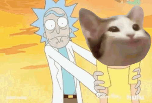 A Cartoon Of Rick And Morty Holding A Cat In Their Arms GIF