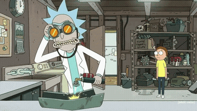 A Cartoon Of Rick And Morty In A Kitchen With A Sign That Says " Time Travel Stuff " GIF