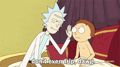 A Cartoon Of Rick And Morty Saying " Don 'T Even Trip Dawg " GIF