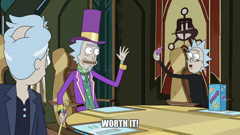A Cartoon Of Rick And Morty Sitting Around A Table With Worth It Written On It GIF