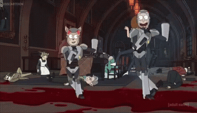 A Cartoon Of Rick And Morty Standing In A Room With Blood On The Floor GIF