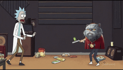 A Cartoon Of Rick And Morty With A Cat Pointing A Gun At Rick GIF