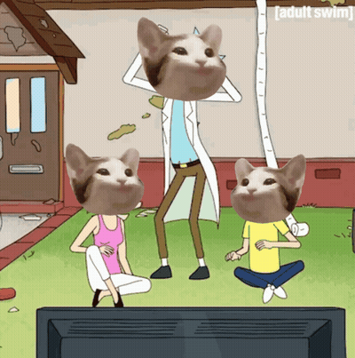 A Cartoon Of Rick And Morty With Two Cats With Their Heads On The Screen GIF