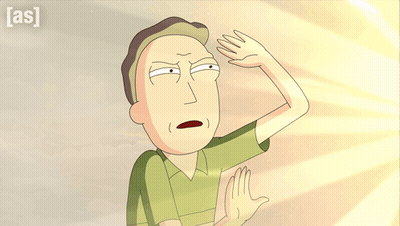 a cartoon of rick from rick and morty covering his face from the sun with his hand