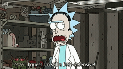 A Cartoon Of Rick From Rick And Morty Says " I Guess I 'M Still A Little Defensive " GIF