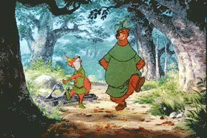 A Cartoon Of Robin Hood And A Fox Walking Through A Forest GIF