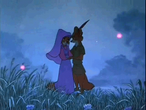 A Cartoon Of Robin Hood And A Princess Dancing In A Field . GIF