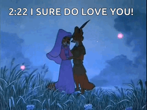 A Cartoon Of Robin Hood And Robin Hood Dancing In A Field With The Words 2:22 I Sure Do Love You GIF