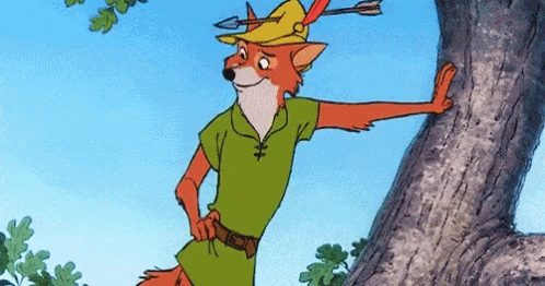A Cartoon Of Robin Hood Leaning Against A Tree With An Arrow In His Hat GIF