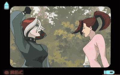 A Cartoon Of Rogue And Jean Grey Standing Next To Each Other On A Screen That Says Rbc GIF