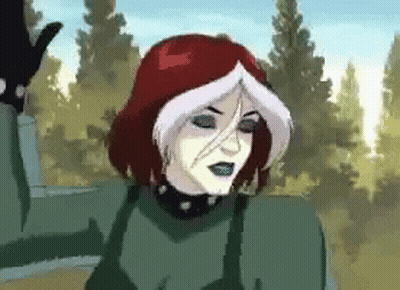 A Cartoon Of Rogue From The X-Men Standing In Front Of Trees . GIF