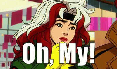 A Cartoon Of Rogue Says " Oh My " In White Letters GIF