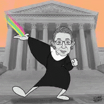 A Cartoon Of Ruth Bader Ginsburg In Front Of The Supreme Court GIF