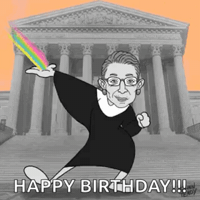 A Cartoon Of Ruth Bader Ginsburg Is Dancing In Front Of A Supreme Court Building . GIF