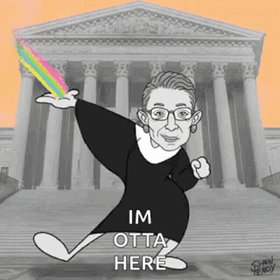 A Cartoon Of Ruth Bader Ginsburg Is Standing In Front Of The Supreme Court Building . GIF