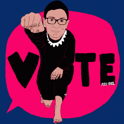 A Cartoon Of Ruth Bader Ginsburg With The Words Vote 1933-2022 GIF